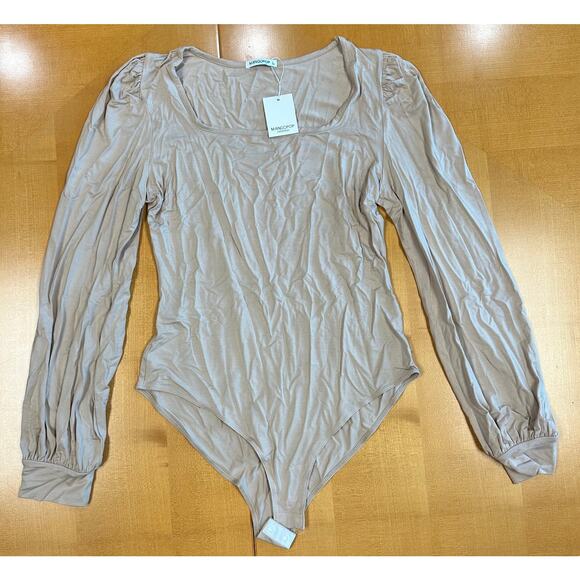 MANGOPOP NWT Beige Nude Square Neck Puff Lantern Long Sleeve Bodysuit Sz L - Picture 2 of 10